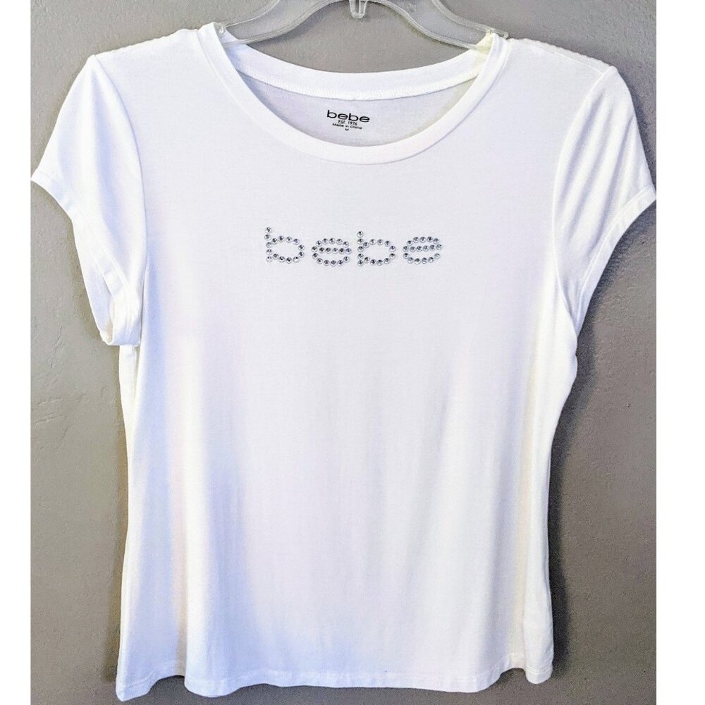 SOLD - bebe Rhinestone Logo Tee Shirt White Short Sleeve Women's Size M - New